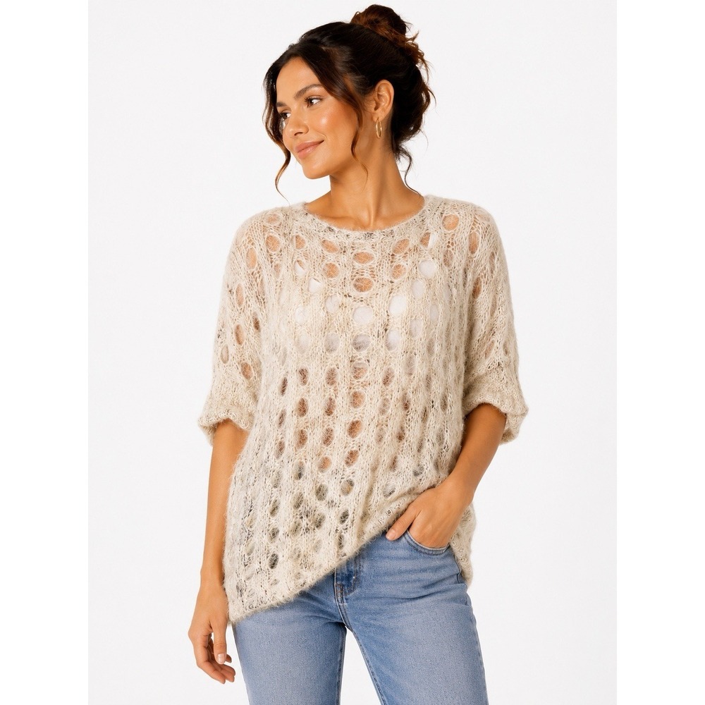 Radzoli Ivory Eyelash Knit Oversized Sweater Fuzzy Sheer Layering Medium